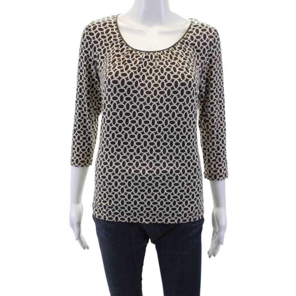 Laurel Womens Geometric Print Quarter Sleeve Round Neck Shirt Brown Size 36